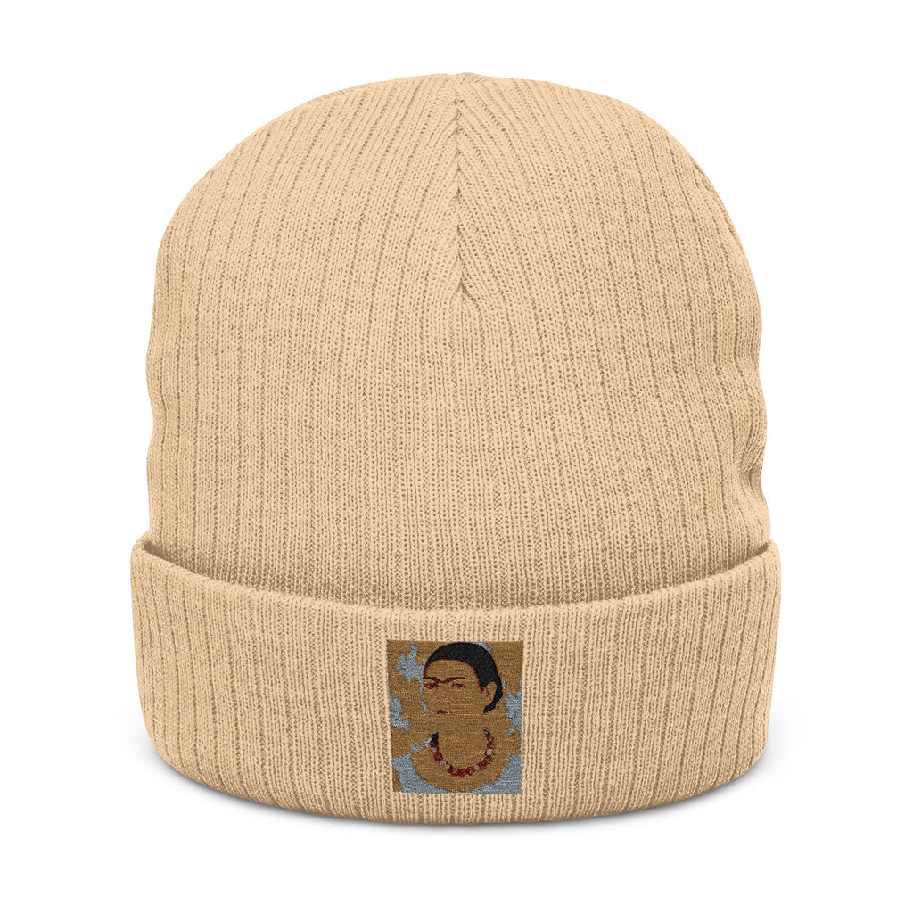 Embroidered Ribbed Beanie — Vintage Portrait Patch Knit Hat