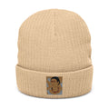 Embroidered Ribbed Beanie — Vintage Portrait Patch Knit Hat