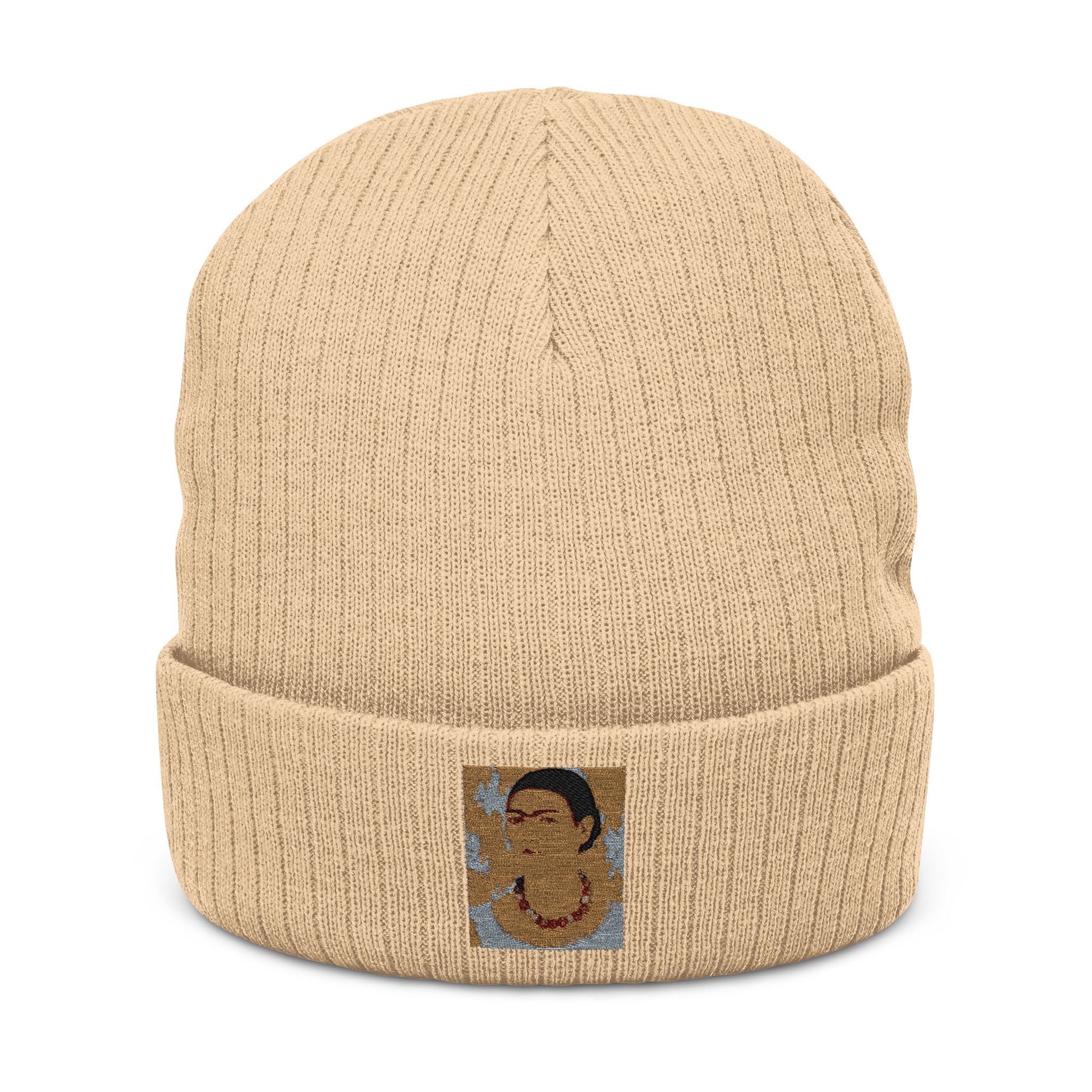 Embroidered Ribbed Beanie — Vintage Portrait Patch Knit Hat