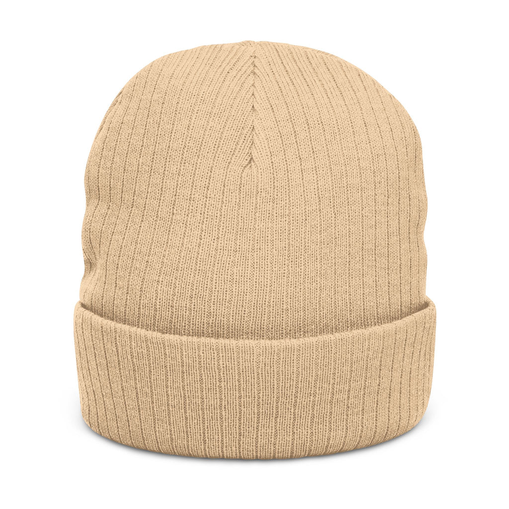 Embroidered Ribbed Beanie — Vintage Portrait Patch Knit Hat