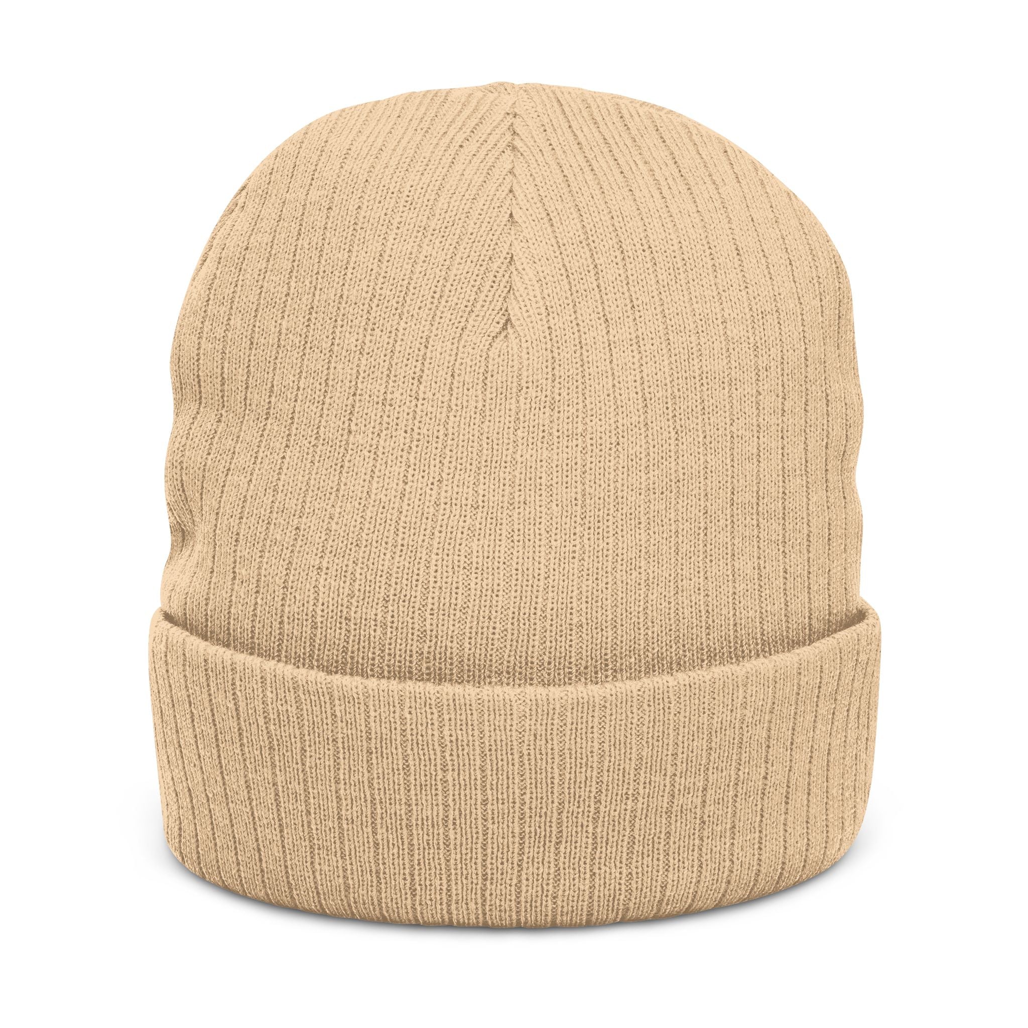 Embroidered Ribbed Beanie — Vintage Portrait Patch Knit Hat