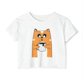 Cat Coffee Crop Top — Cute Orange Cat Holding Mug Graphic Tee