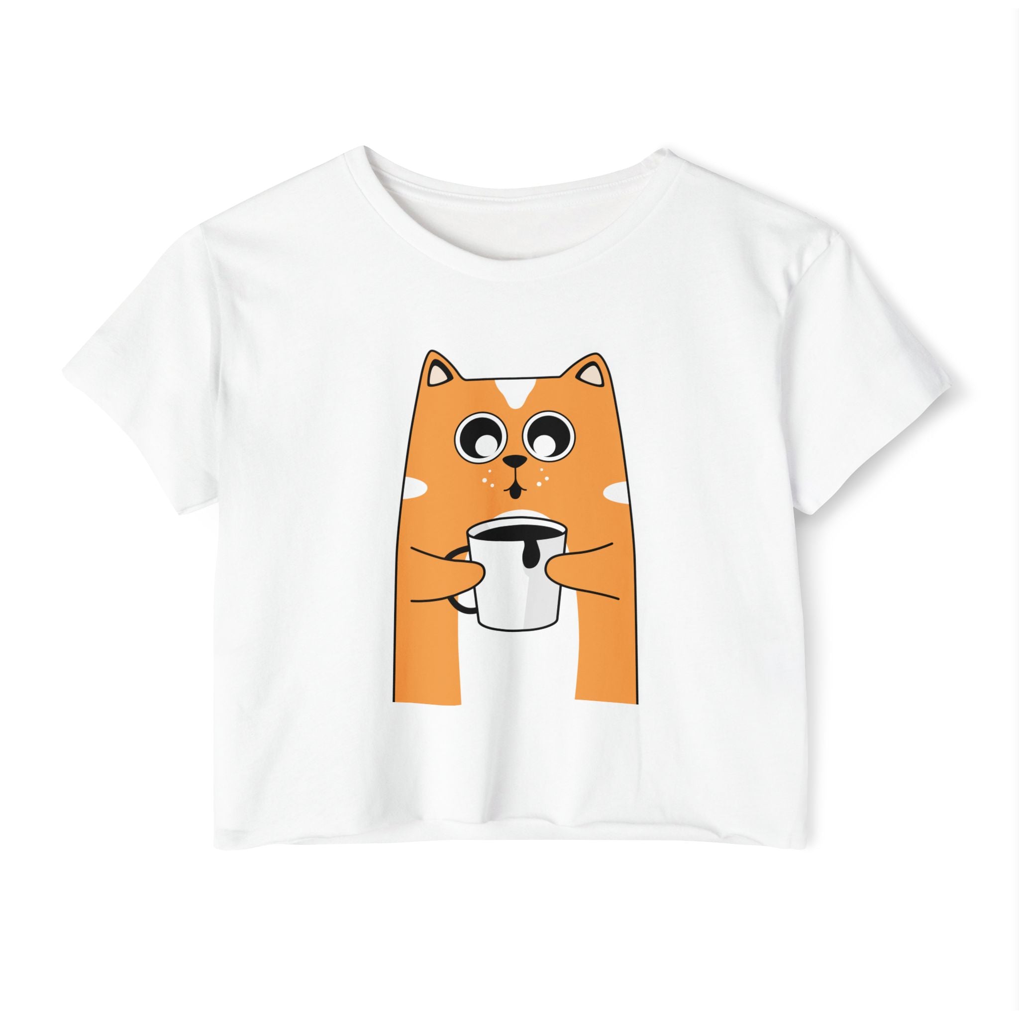 Cat Coffee Crop Top — Cute Orange Cat Holding Mug Graphic Tee