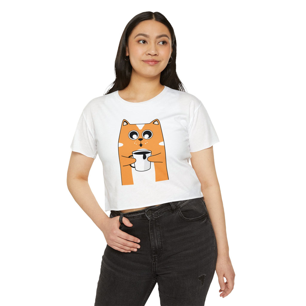 Cat Coffee Crop Top — Cute Orange Cat Holding Mug Graphic Tee